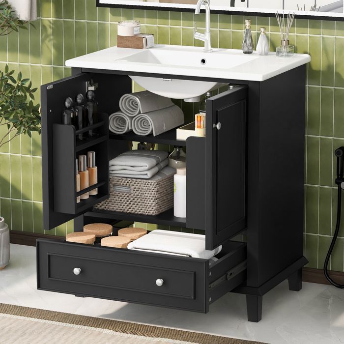 Merax Meuble Lavabo de Salle de Bain - Noir - avec Vasque Céramique Intégrée - 2 Portes et 1 Tiroir - 73x45x87 cm Merax Meuble Lavabo de Salle de Bain - Noir - avec Vasque Céramique Intégrée - 2 Portes et 1 Tiroir - 73x45x87 cm