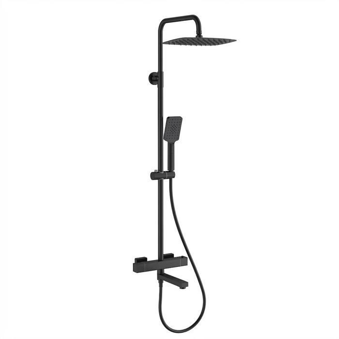 Mitigeur de douche thermostatique-Carré-Sortie sup/inf + Bec baignoire-Douche pluie 10 inox-Douchette carrée-Noir mat