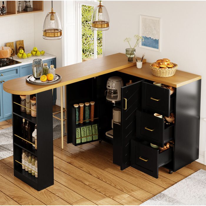 Meuble bar mobile extensible 135-228x39x104 cm avec 2 portes 3 tiroirs et 5 roulettes MDF noir et bois
