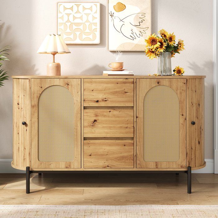 Buffet ovale en Rotin Armoire de Rangement avce Portes Coulissantes et Tiroirs Compartiments Réglables aspect Bois 140x38x77.5cm