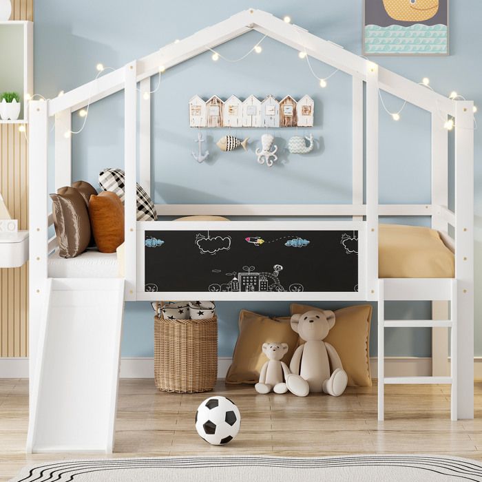 Lit mezzanine enfant blanc 90×200 cm avec toboggan échelle tableau sommier inclus sans matelas