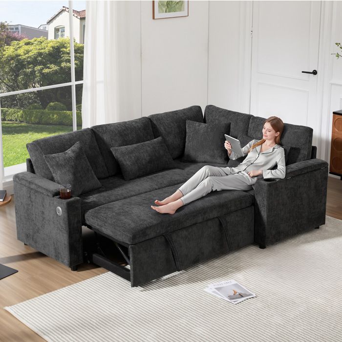 Canapé convertible angle droit 4 places avec coffre ports USB Type-C chenille gris foncé