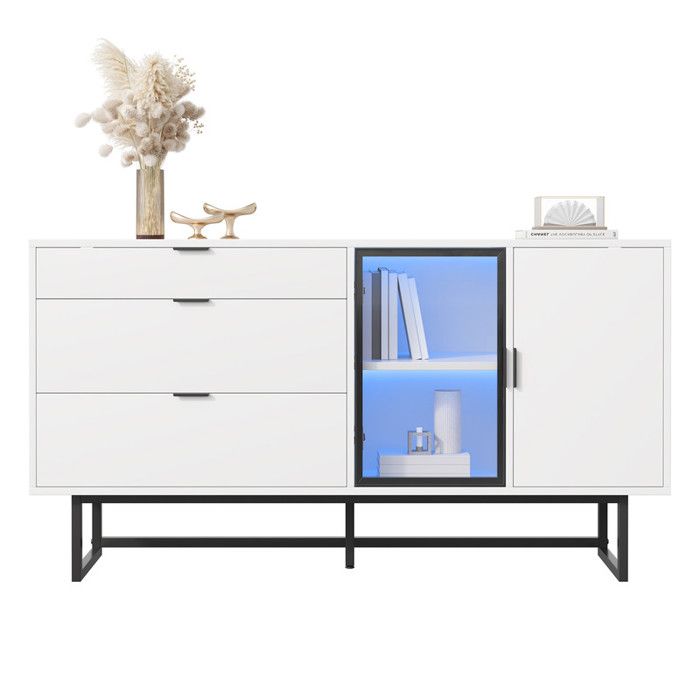 Buffet vitrine blanc moderne luxe 3 tiroirs portes en verre barre lumineuse LED armoire de rangement salle à manger