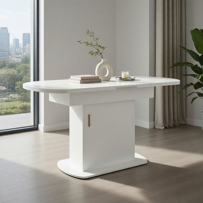 Table à manger ovale rallonge 110/130x70x75 cm rangement multifonction minimaliste -Pugsdrlyblanc poignée dorée