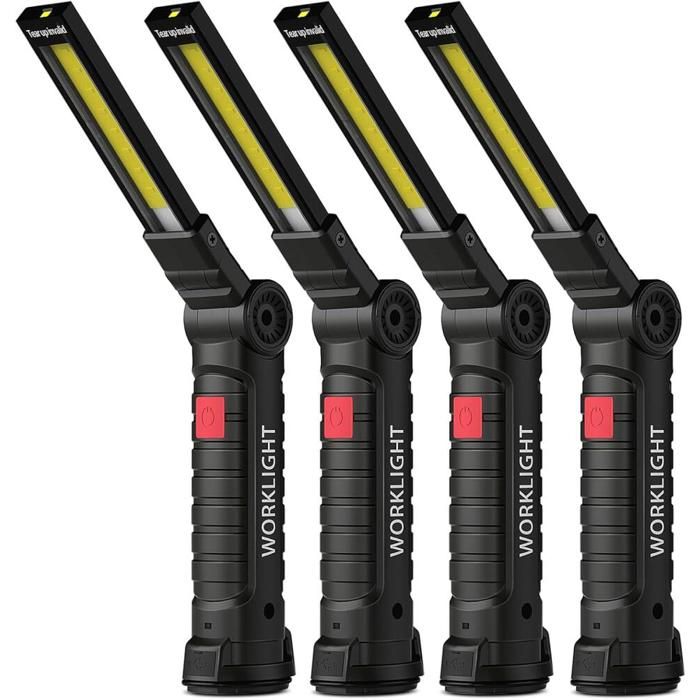 Lot de 4 Lampes de Poche de Travail LED COB - Torche Atelier Rechargeable et Pliable - Base Magnétique 5 Modes pour Garage e