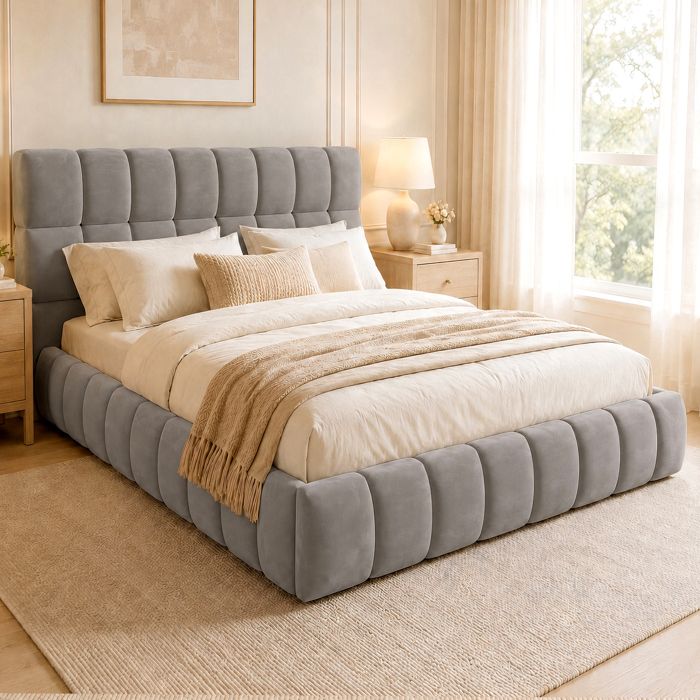 Lit Rembourré 140x200cm velours Gris lit Double avec Dossier Souple et sommier à Lattes pour Adultes et Adolescents Sans Matelas