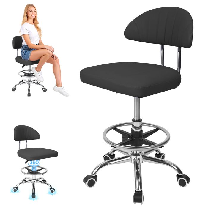 FLASIDU Tabouret de bureau réglable en hauteur chaise pivotante 360° avec roulettes et dossier pour salon et coiffure Noir