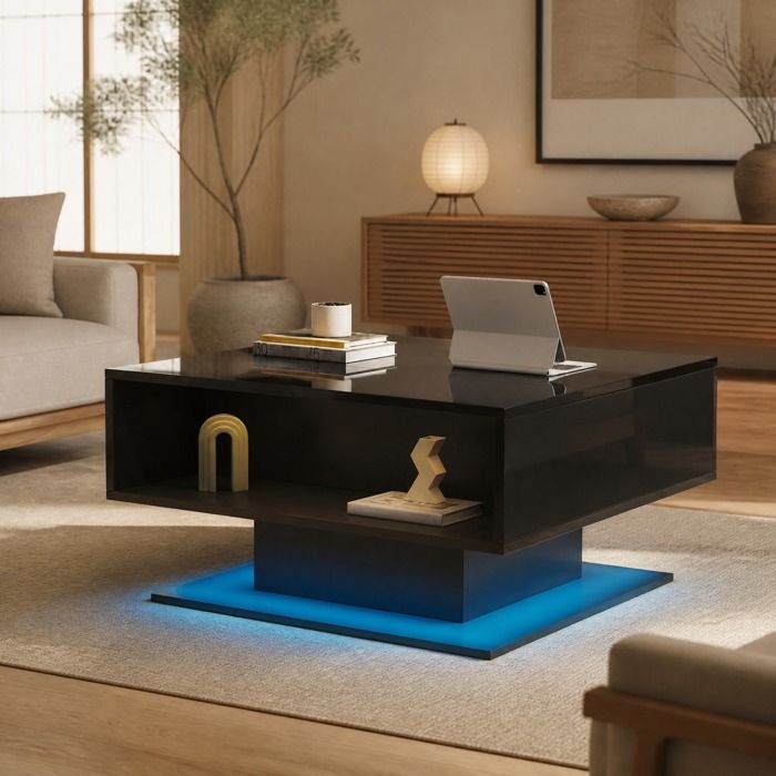 Table basse relevable LED – noir brillant – rangements caché et semi-ouvert – panneaux de particules