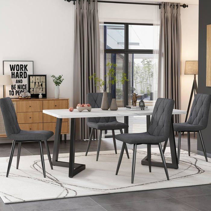 Ensemble Table et Chaises(5 Pièces)-Table de Salle à Manger aux Pieds Noirs 4 Chaises de Gris Twill Velours - (Gray)
