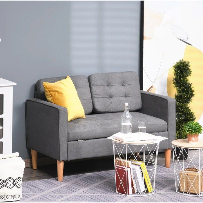 Canapé 2 places avec coffre de rangement EVRYAE 117 x 62 x 78 cm tissu gris pieds en hévéa