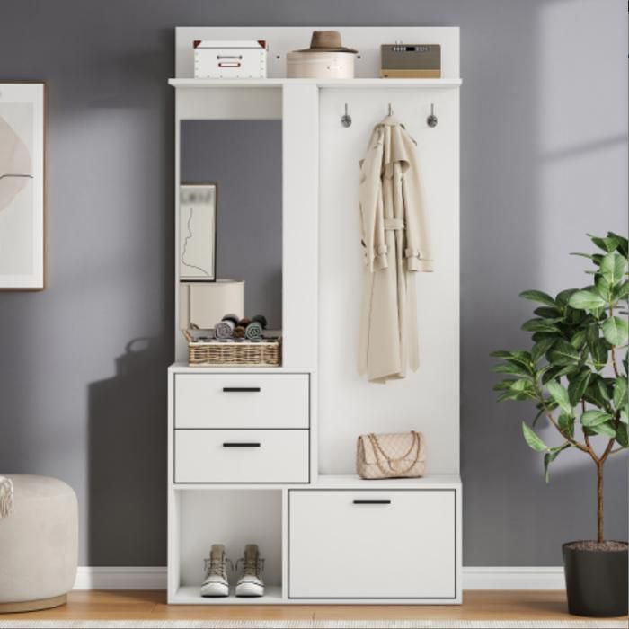 Vestiaire d’entrée 90 x 30 x 180 cm - miroir - 2 tiroirs - abattant chaussures - 3 crochets - MDF blanc