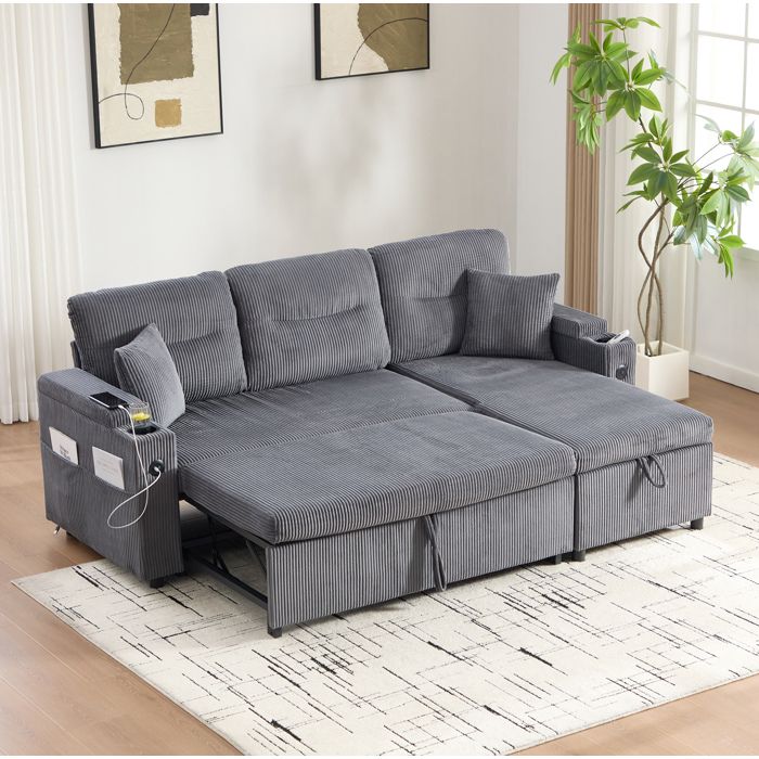 ROVRYN Canapé dangle convertible 3 places gris carbone en tissu côtelé avec lit tiroir 2 personnes et USB-C