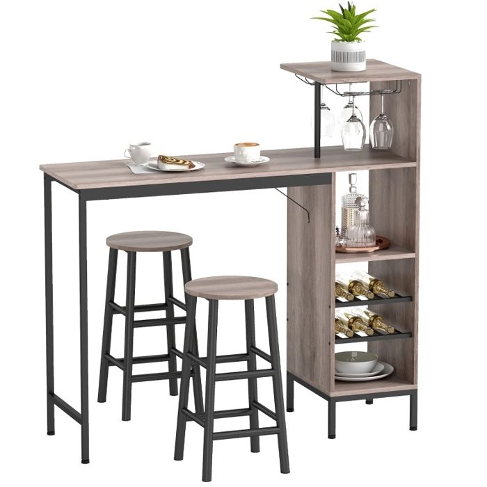 Ensemble table et chaises de bar avec 1 table haute 2 tabourets et rangements - UVRION - MDF et acier - Gris