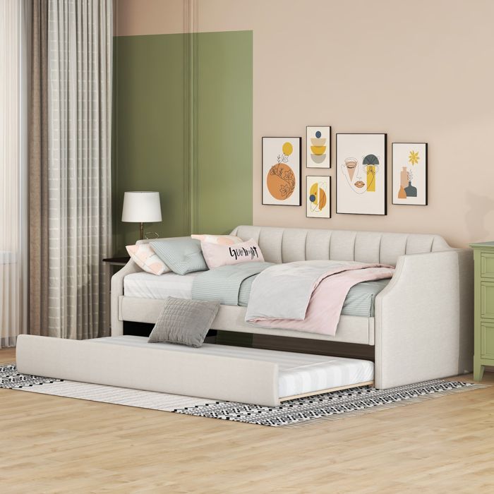 Lit banquette 90x200/190 cm rembourré avec lit gigogne lit simple enfant beige