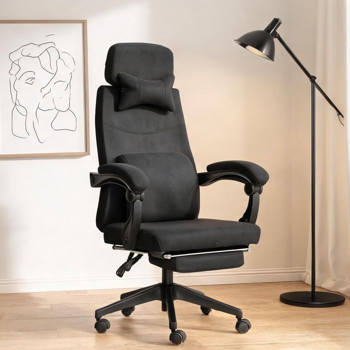 Fauteuil de bureau contemporain avec repose-pied intégré et dossier inclinable revêtement polyester noir 62 x 68 x 127 cm