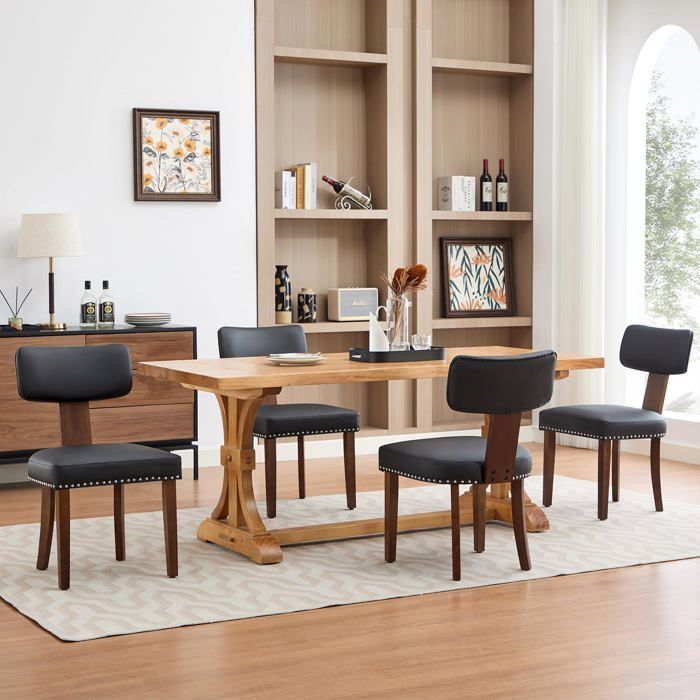 Lot de 4 chaises de salle à manger scandinave noires rembourrées avec clous décoratifs dossier arrondi pieds bois massif