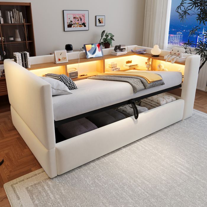 Canapé-lit 90x190 cm lit enfant couchage dappoint rangement hydraulique LED beige