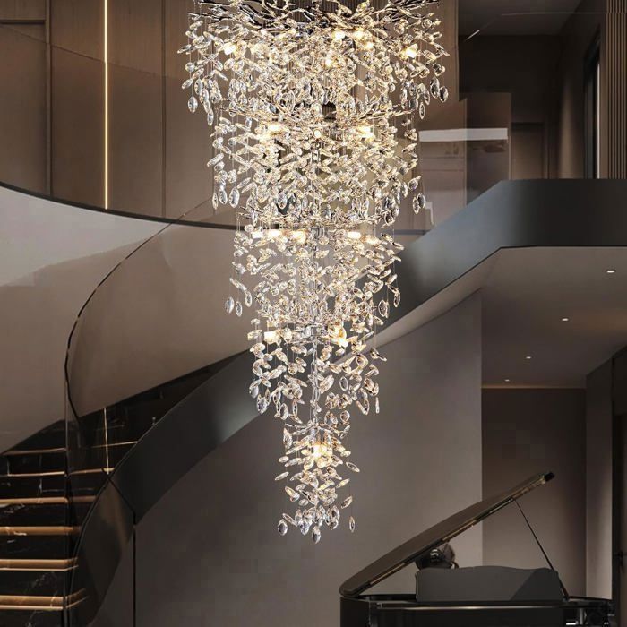 Lustre cristal K9 100% – 28 feux G9 – monture aluminium argenté – H.160 cm – escalier / hall / grand séjour