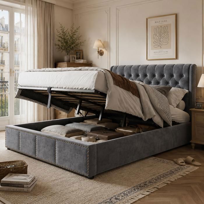 Lit coffre rembourré en velours gris - ZEMINPEOEL - 180 x 200 cm - Rangement hydraulique - Tête de lit rembourrée