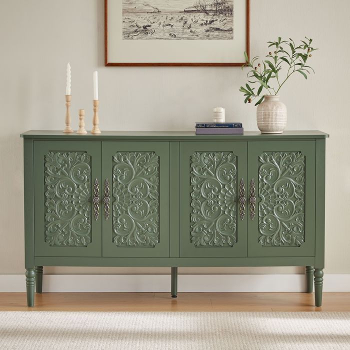 Buffet bas 160 × 40 × 89 cm - grand rangement relief sculpté et angles arrondis - style vintage - panneaux de particules - Vert