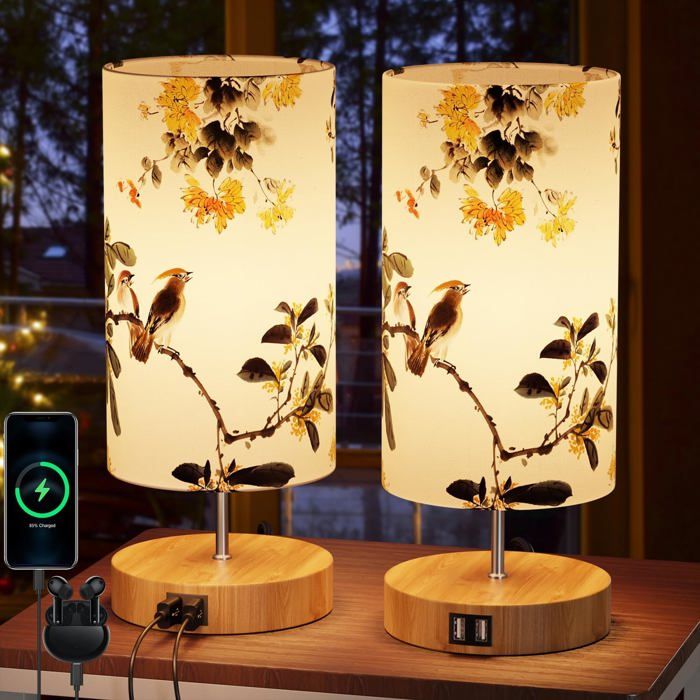 Lampe de chevet tactile LED - Lot de 2 - Ports de charge 2 USB - Abat-jour imprimé motif doiseaux