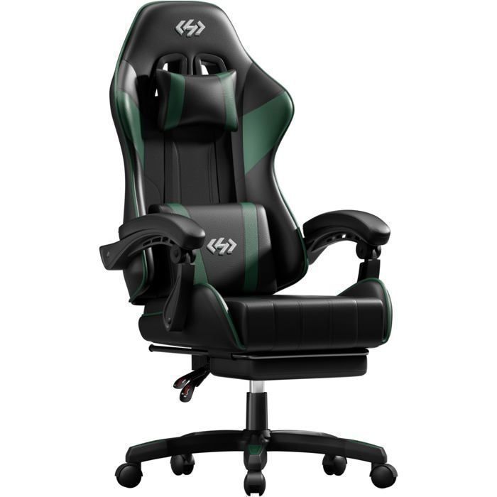 Fauteuil Ergonomique avec Repose-Pieds et Coussin Lombaire Inclinable 90°-135° pour Chambre et Travail Noir et Vert