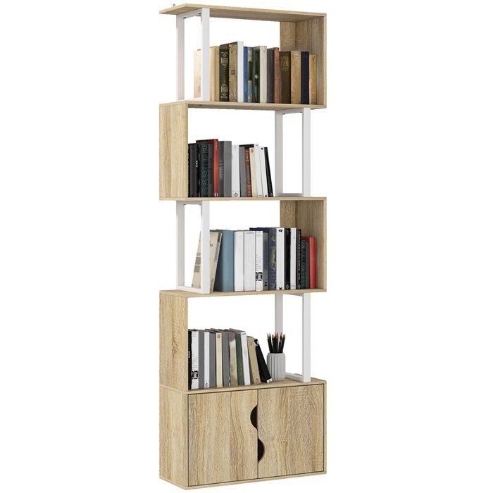 Bibliothèque à 5 niveaux meuble de rangement avec étagères et placard double porte 60 x 23 8 x 179 2 cm bois naturel Bibliothèque à 5 niveaux meuble de rangement avec étagères et placard double porte 60 x 23 8 x 179 2 cm bois naturel