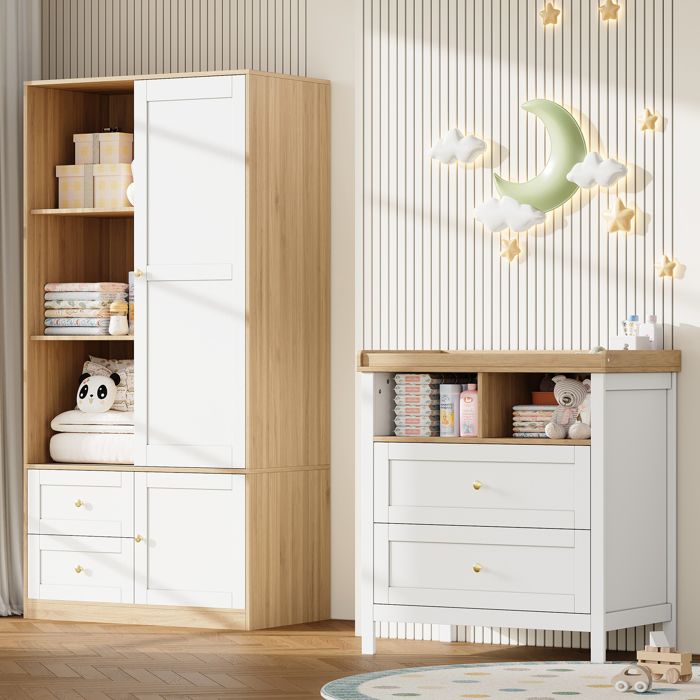 Ensemble armoire et table à langer 90x50x180 cm + 82x50x90 cm portes coulissantes barre de sécurité blanc et bois meuble bébé