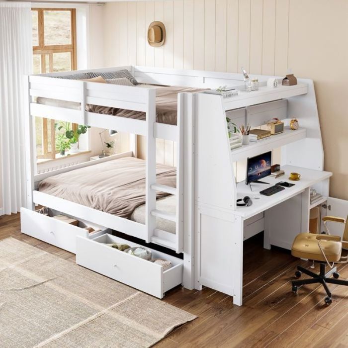 Lit Superposé 140x200cm Blanc – Armoire Latérale Amovible Bureau Étagères et Tiroirs Garde-Corps Sécurisé pour b LITS SUPERPOSES