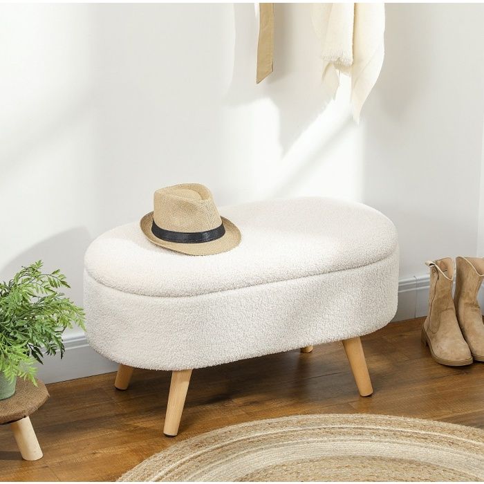 Banc de rangement Blanc 82 x 41 x 45 cm assise rembourrée couvercle pieds en bois 120 kg