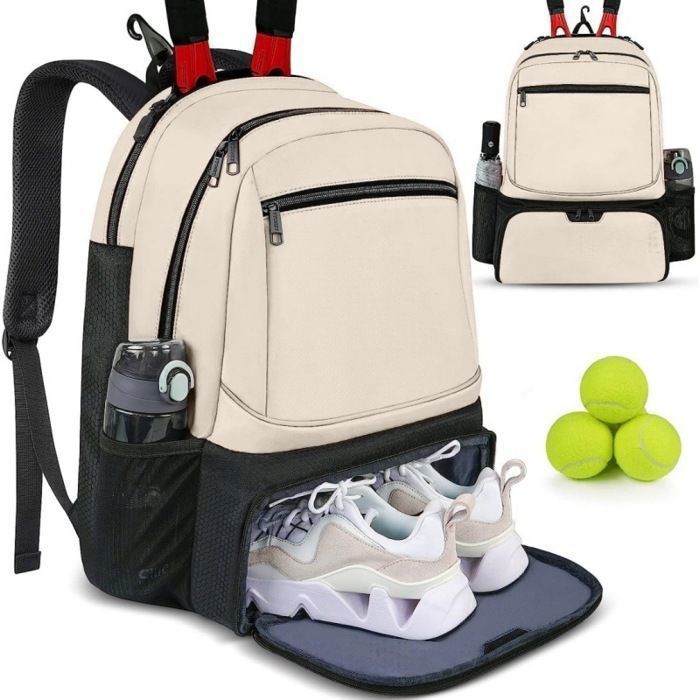 Sac de tennis Beige Sac à dos pour femme et homme pour 2 raquettes avec poche isotherme et compartiment à chaussures ventilé