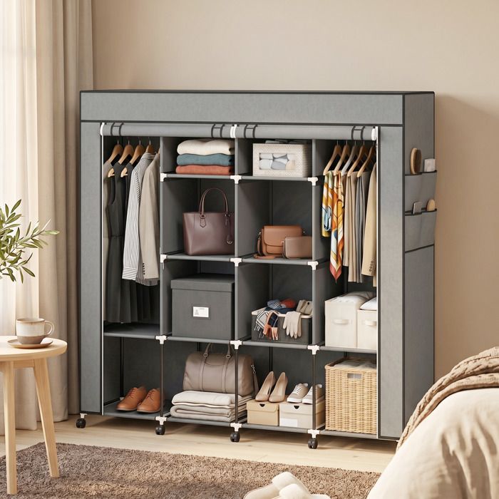 Armoire penderie en tissu meuble de rangement mobile 10 roulettes avec 10 compartiments barres de suspension gris