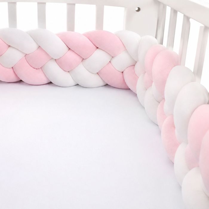 Tour de lit tressé antichoc doux – protection bébé chambre  - Tricot main – 2M rose blanc