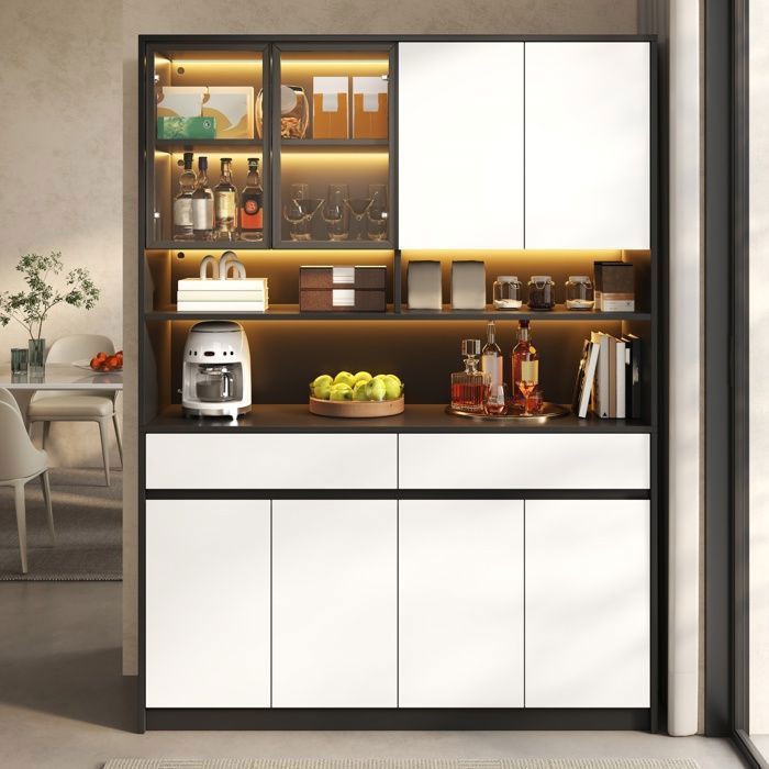 Buffet Haut de Cuisine 120 cm Vaisselier avec LED/App Vitrine 2 Tiroirs 8 Portes Noir et Blanc Buffet Haut de Cuisine 120 cm Vaisselier avec LED/App Vitrine 2 Tiroirs 8 Portes Noir et Blanc