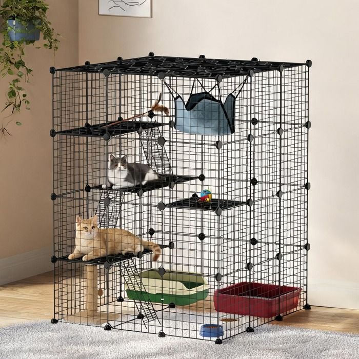 Enclos dintérieur pour chats à quatre niveaux: structure modulaire en acier et PP 105 × 105 × 140 cm noir