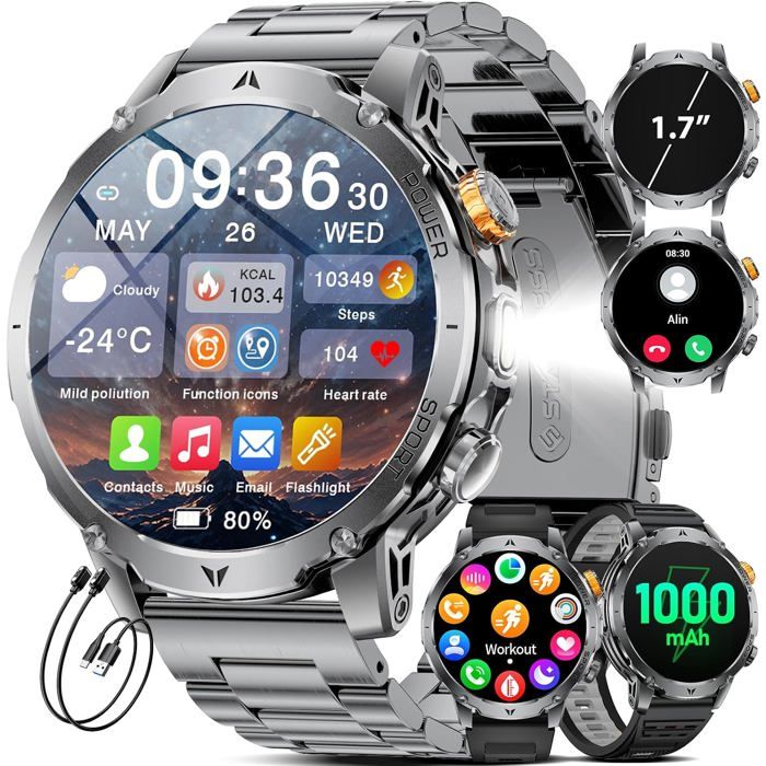 Montre Connectée Homme Militaire Avec Batterie 1000mAh Lampe LED Écran HD 1 7 100 Sports IP68 3 Bracelets USB Type-C Android iOS