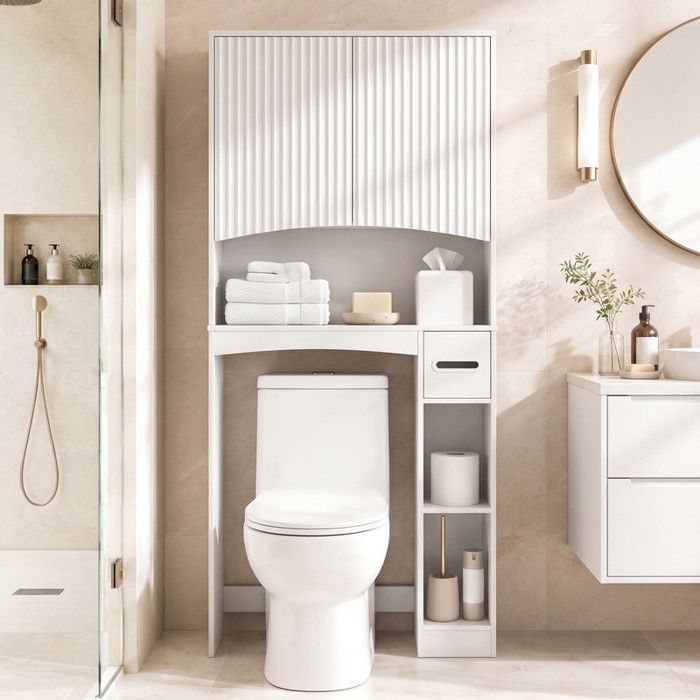 Meuble WC au-Dessus des Toilettes 2 Portes à Lamelles 2 Étagères + Rangement Latéral Porte-Papier Blanc 80 x 22 x 170 cm Meuble WC au-Dessus des Toilettes 2 Portes à Lamelles 2 Étagères + Rangement Latéral Porte-Papier Blanc 80 x 22 x 170 cm