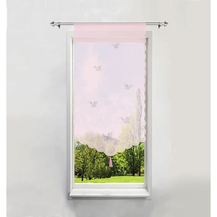 Rideau Brise-bise Transparent Avec Frange à Pompons - Passe Tringle, Sans Perçage - 40x90 Cm, Tamise Lumière