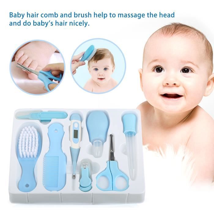 Kit de 8Pcs Trousse de Toilette Bébé Hygiène Quotidien Nail Clipper Ciseaux Brosse À Cheveux Peigne Manucure Soins bleu