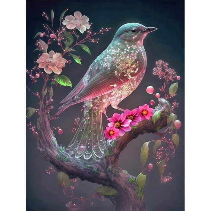 Broderie Diamant - Oiseaux dans le Jardin 40x50cm toile tendue sur châssis main image 1