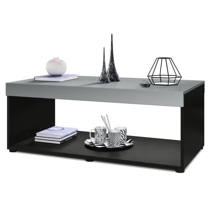 Vladon Table basse de salon Pure avec deux grandes étagères corps en noir mat - plateau et bordures en Graphite satiné mat