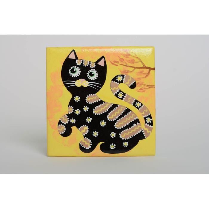Petit Tableau Original Carre En Bois Peint De Couleurs Acryliques Verni Chat Achat Vente Tableau Toile Cdiscount