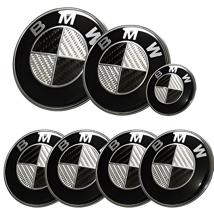KIT 7 Badge LOGO Embleme BMW Carbone Noir Gris Capot + Coffre 82mm +Volant + 4 centre de roue
