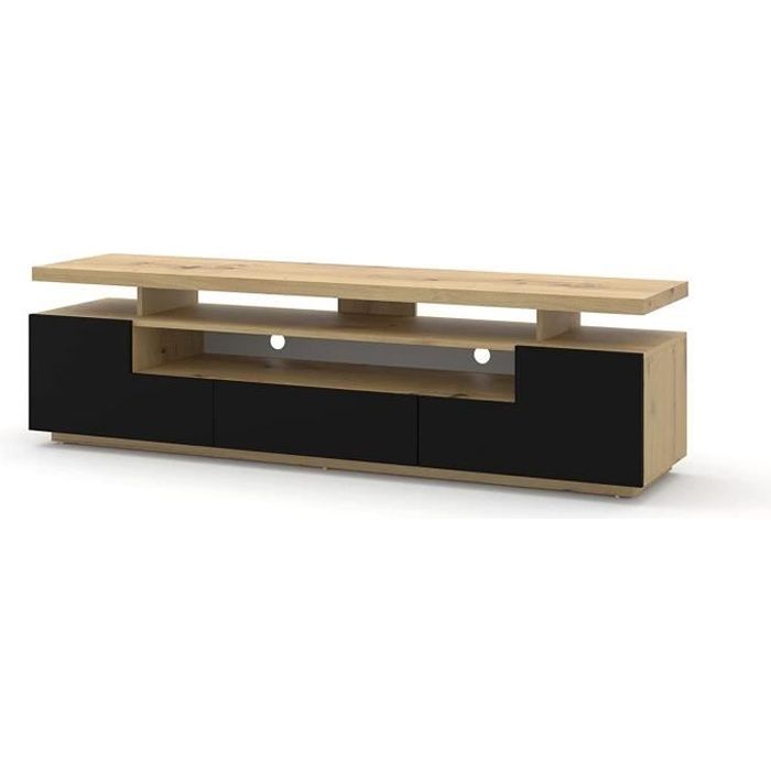 eva meuble tv bas 180 cm avec double plateau de table et commode hifi (chêne artisan / noir mat) avec led