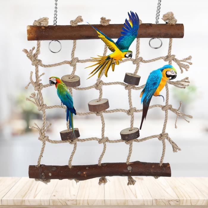Jouet pour oiseaux - Échelle descalade - Bois naturel - Corde de chanvre - Durable et sûr
