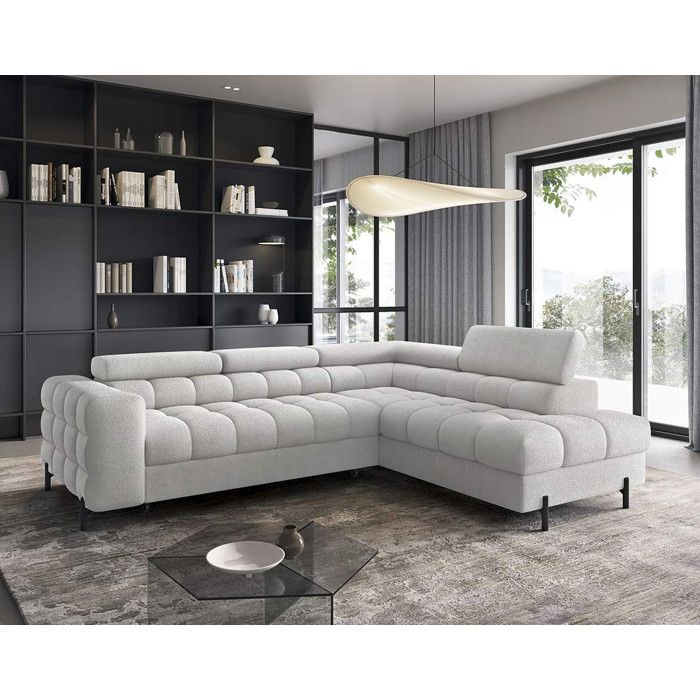 Elisa - canapé dangle droit 5 places convertible avec coffre et têtières réglables en tissu bouclette - Gris clair