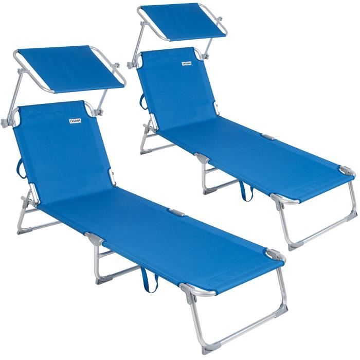 Casaria 2x Chaise Longue Pliable Ibiza Bleu Dossier réglable Pare-Soleil intégré Compacte et transportable Toile imperméable