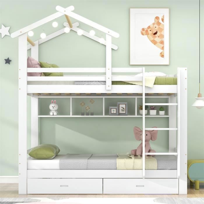 Dripex Lit Superposé avec échelle à trois marches et deux tiroirs Lit cabane avec étagères rangement et barrière 90x200cm Blanc