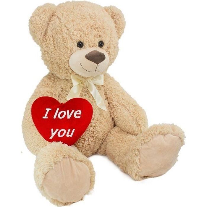 BRUBAKER Peluche géante XXL - Ours / Nounours - 100 cm - Beige - Cœur en Peluche 'I Love You' inclus