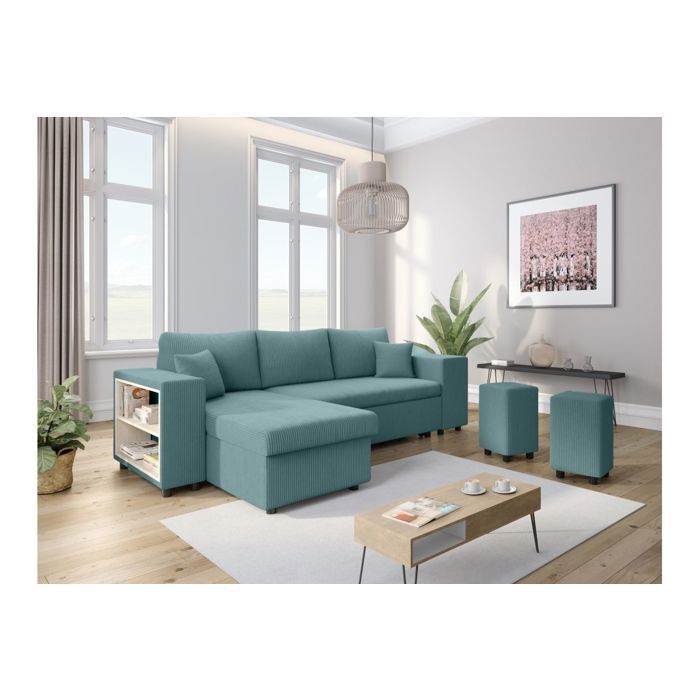 Canapé dangle réversible MADY avec coffre rangement poufs à droite en velours côtelé bleu clair - L254 x P146 x H81cm - LOUNGITUDE Canapé dangle réversible MADY avec coffre rangement poufs à droite en velours côtelé bleu clair - L254 x P146 x H81cm - LOUNGITUDE